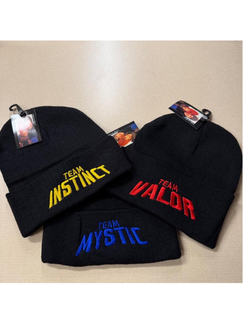 NWT 3 Beanies Valor, Instinct, Mystic unisex black beanies with embroidered text